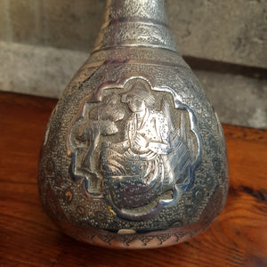 Artisan Crafted Solid Silver Picture Panel Chase Decorated Wine Bottle Middle Eastern Antique