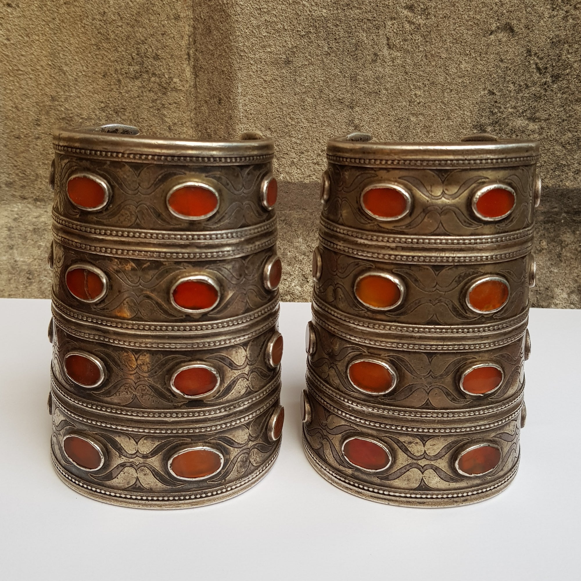 Pair of Turkoman Carnelian Set Solid Silver Cuff Bracers Antique 19th Century