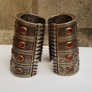 Pair of Turkoman Carnelian Set Solid Silver Cuff Bracers Antique 19th Century