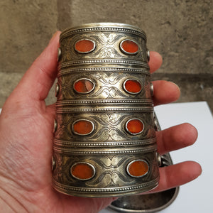Pair of Turkoman Carnelian Set Solid Silver Cuff Bracers Antique 19th Century