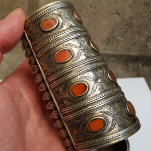 Pair of Turkoman Carnelian Set Solid Silver Cuff Bracers Antique 19th Century