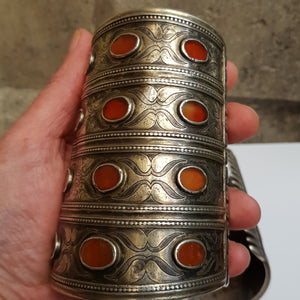 Pair of Turkoman Carnelian Set Solid Silver Cuff Bracers Antique 19th Century