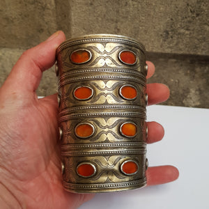 Pair of Turkoman Carnelian Set Solid Silver Cuff Bracers Antique 19th Century