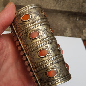 Pair of Turkoman Carnelian Set Solid Silver Cuff Bracers Antique 19th Century