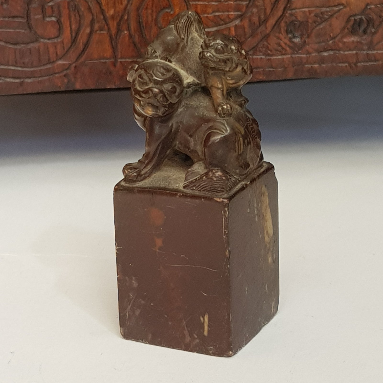 Chinese Brown Soapstone Double Foo Dog Carved Desk Seal Antique circa 1910