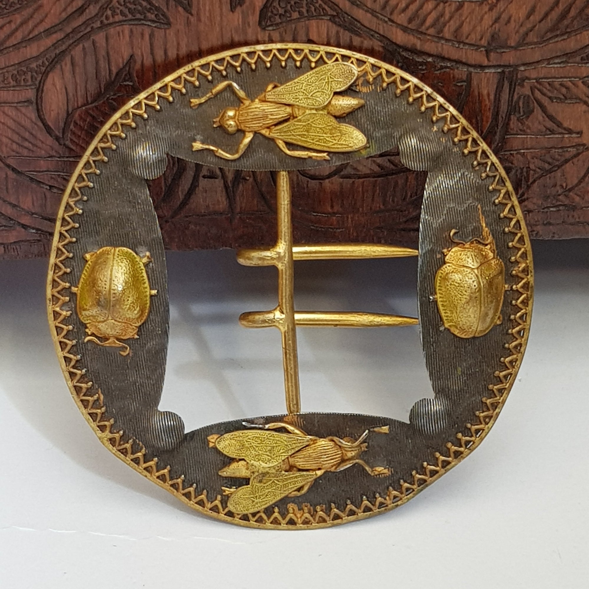 Egyptian Scarab Beetle & Fly Decorated Gilt Metal & Niello Belt Buckle Vintage Art Deco Circa 1920's