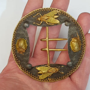 Egyptian Scarab Beetle & Fly Decorated Gilt Metal & Niello Belt Buckle Vintage Art Deco Circa 1920's