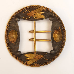 Egyptian Scarab Beetle & Fly Decorated Gilt Metal & Niello Belt Buckle Vintage Art Deco Circa 1920's