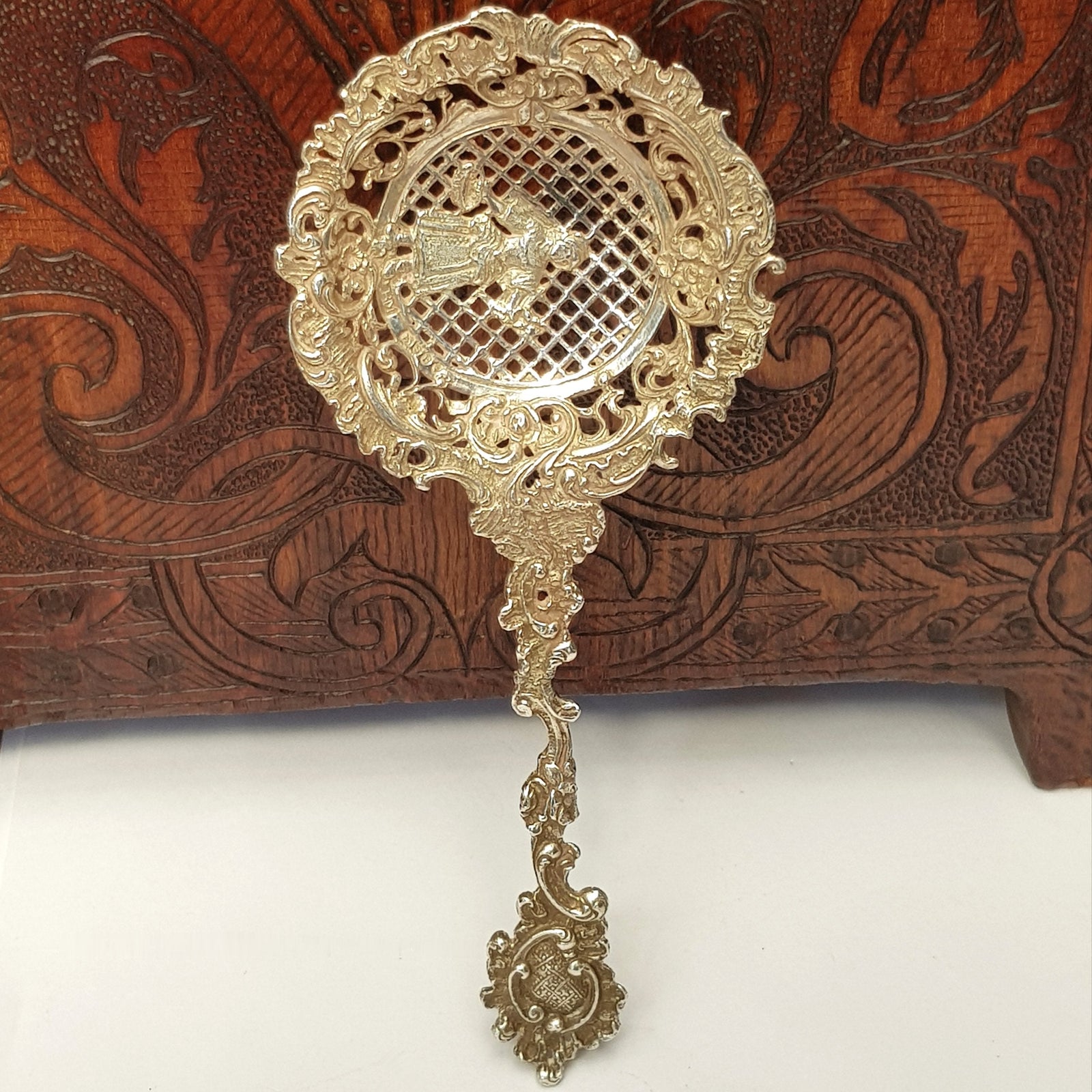 Dutch Solid Silver Ornate Flower Girl Tea Strainer Berthold Muller Antique circa 1893