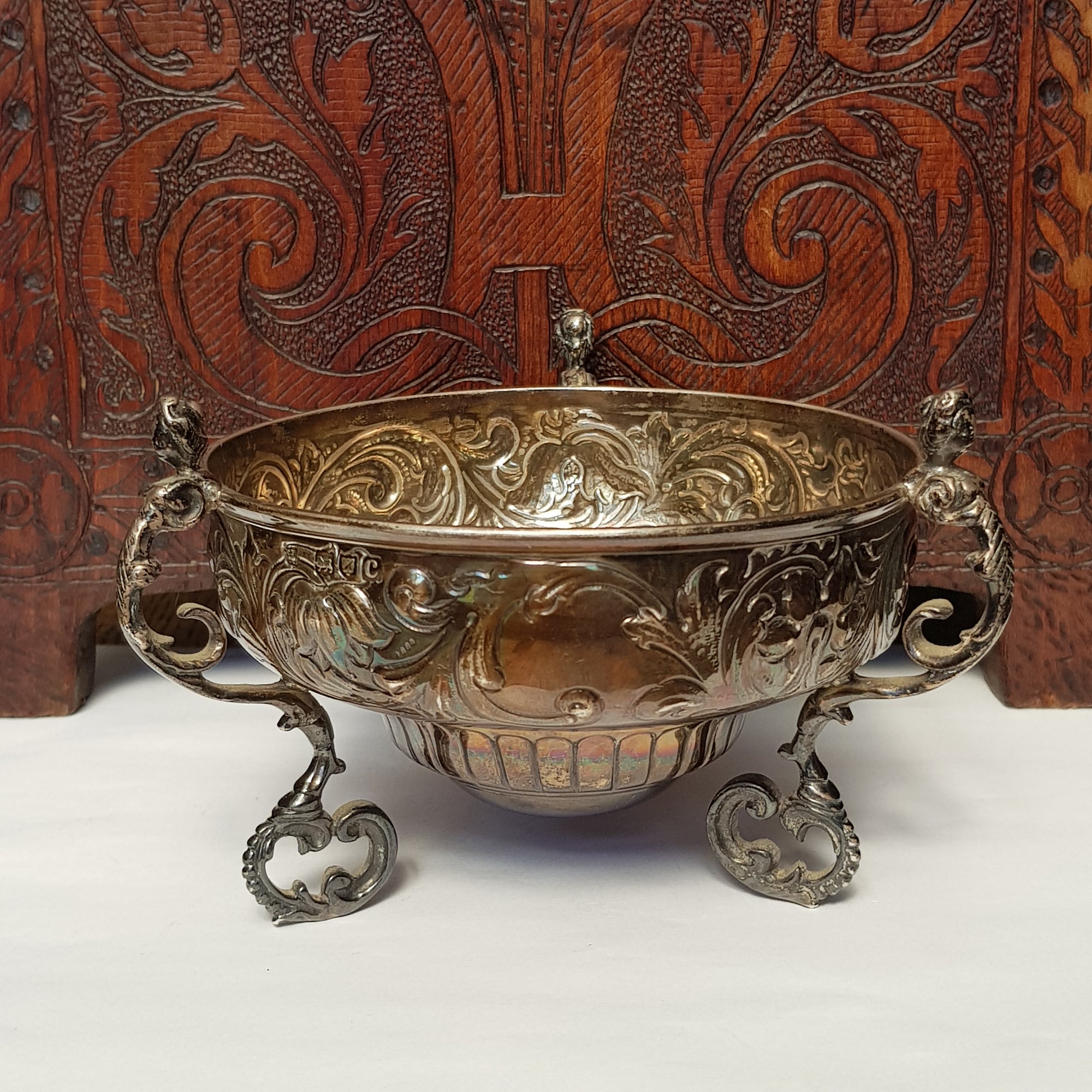 Sterling Silver Ornate 3 Caryatid Handled and Legged Repousse Bowl Antique Victorian London Circa 1898