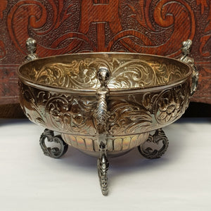 Sterling Silver Ornate 3 Caryatid Handled and Legged Repousse Bowl Antique Victorian London Circa 1898