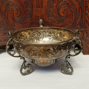 Sterling Silver Ornate 3 Caryatid Handled and Legged Repousse Bowl Antique Victorian London Circa 1898