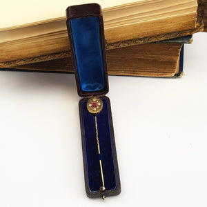 9k Gold Pink Topaz Old Cut Diamond Set Stick Pin In Period Box Antique Circa 1880's