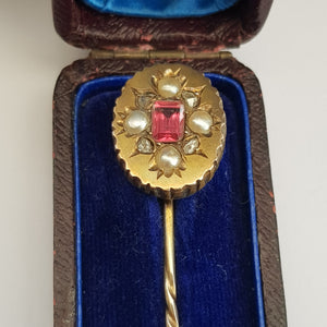 9k Gold Pink Topaz Old Cut Diamond Set Stick Pin In Period Box Antique Circa 1880's