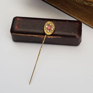 9k Gold Pink Topaz Old Cut Diamond Set Stick Pin In Period Box Antique Circa 1880's