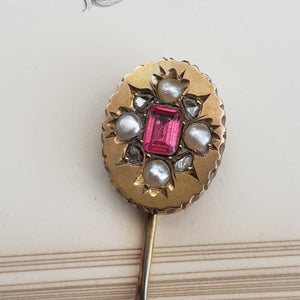 9k Gold Pink Topaz Old Cut Diamond Set Stick Pin In Period Box Antique Circa 1880's