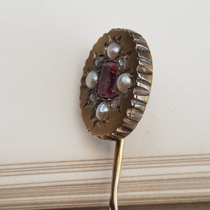 9k Gold Pink Topaz Old Cut Diamond Set Stick Pin In Period Box Antique Circa 1880's