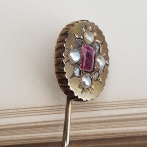 9k Gold Pink Topaz Old Cut Diamond Set Stick Pin In Period Box Antique Circa 1880's