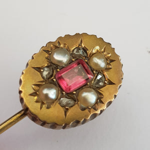 9k Gold Pink Topaz Old Cut Diamond Set Stick Pin In Period Box Antique Circa 1880's