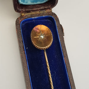 9k Gold Seed Pearl Set Stick Pin In Period Box Antique Victorian circa 1880's
