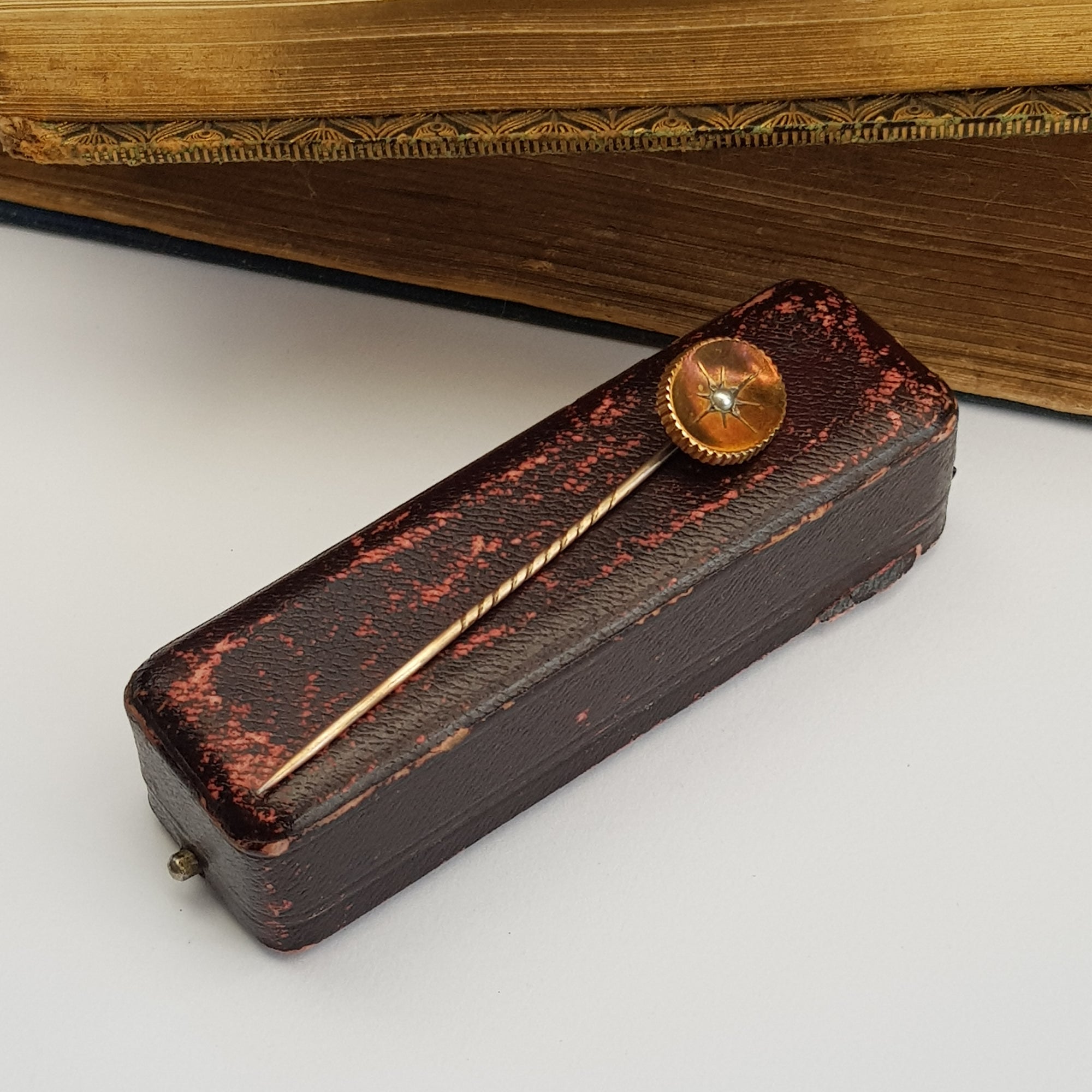 9k Gold Seed Pearl Set Stick Pin In Period Box Antique Victorian circa 1880's