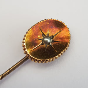 9k Gold Seed Pearl Set Stick Pin In Period Box Antique Victorian circa 1880's