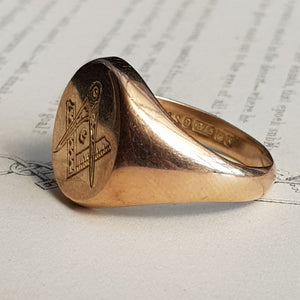 9k Gold Masonic Signet Ring Size U.K P Vintage Birmingham Circa 1984