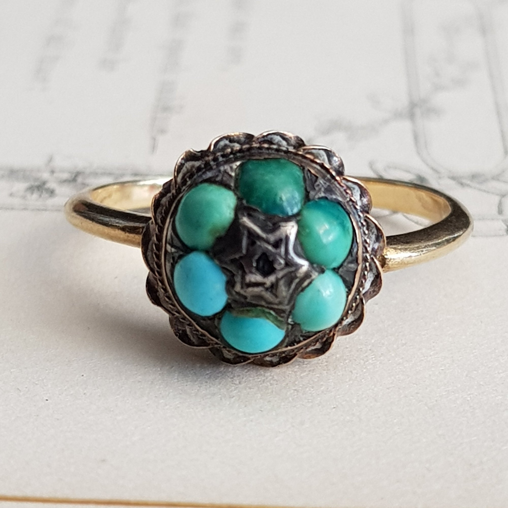 9k Gold Turquoise Cabochon Floral Bead Ring Size UK L Antique Victorian Circa 1870's