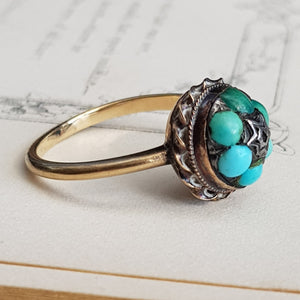 9k Gold Turquoise Cabochon Floral Bead Ring Size UK L Antique Victorian Circa 1870's
