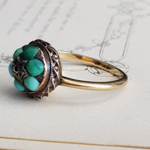 9k Gold Turquoise Cabochon Floral Bead Ring Size UK L Antique Victorian Circa 1870's