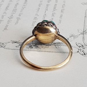9k Gold Turquoise Cabochon Floral Bead Ring Size UK L Antique Victorian Circa 1870's