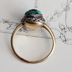 9k Gold Turquoise Cabochon Floral Bead Ring Size UK L Antique Victorian Circa 1870's