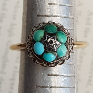 9k Gold Turquoise Cabochon Floral Bead Ring Size UK L Antique Victorian Circa 1870's