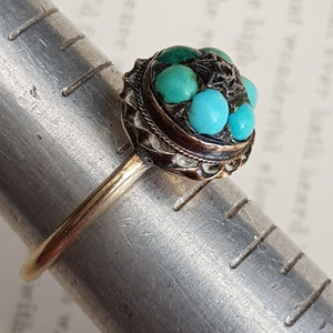 9k Gold Turquoise Cabochon Floral Bead Ring Size UK L Antique Victorian Circa 1870's