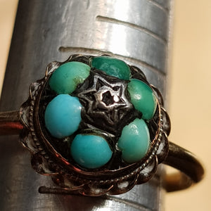 9k Gold Turquoise Cabochon Floral Bead Ring Size UK L Antique Victorian Circa 1870's