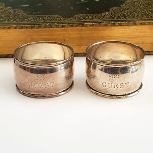 Rare Sterling Silver Pair Of Napkin Rings Engraved 'Guest' Antique London Circa 1868