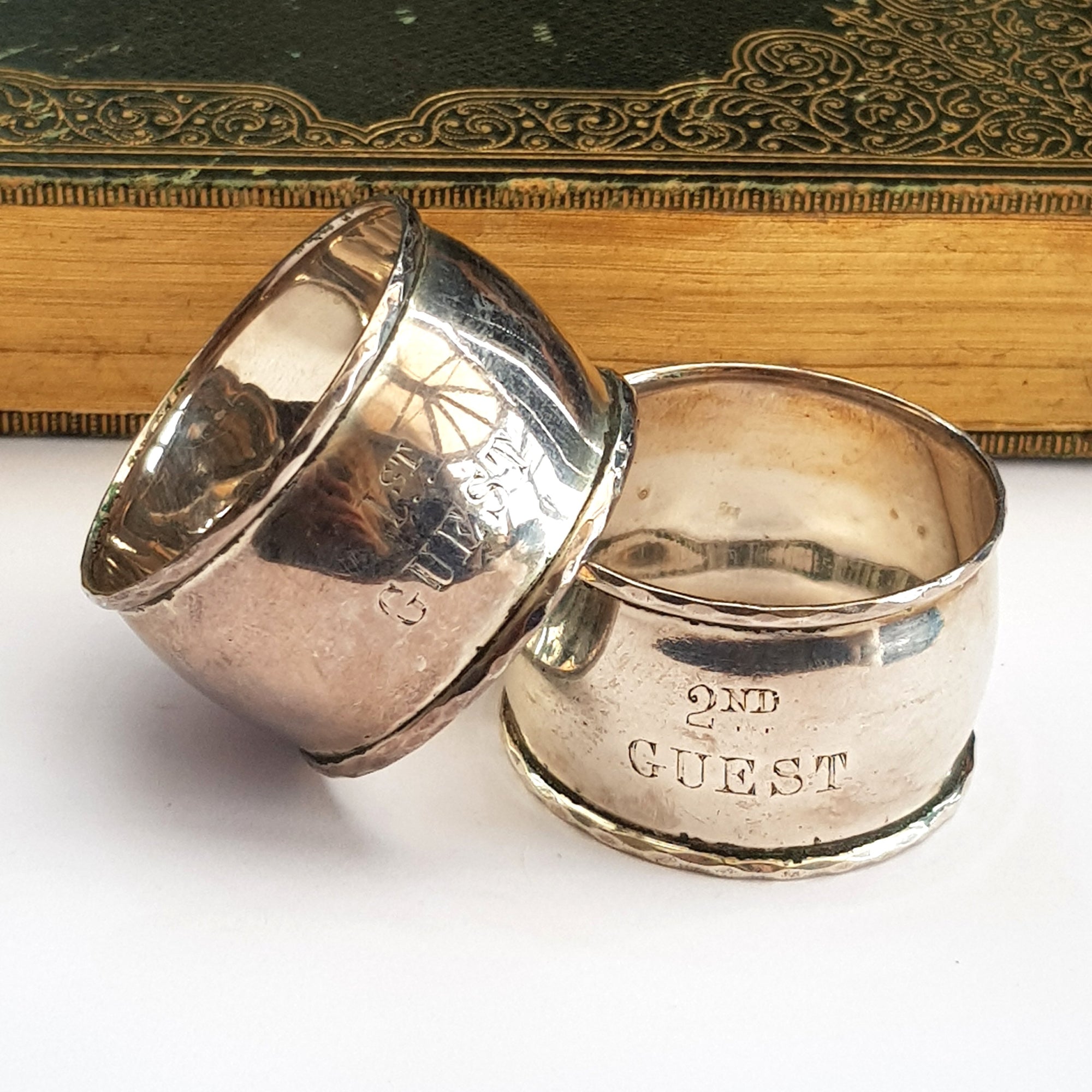 Rare Sterling Silver Pair Of Napkin Rings Engraved 'Guest' Antique London Circa 1868