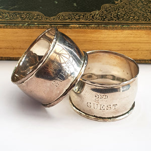 Rare Sterling Silver Pair Of Napkin Rings Engraved 'Guest' Antique London Circa 1868