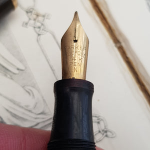 G.E.O S. Parker Duo fold Black Resin Fountain Pen With 14k Nib Vintage Circa 1930's