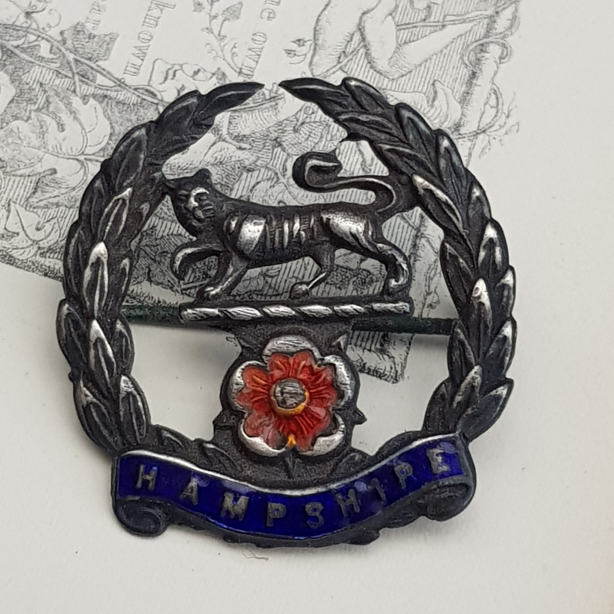 Sterling Silver Enamel Sweetheart Badge Hampshire Regiment Antique circa 1915