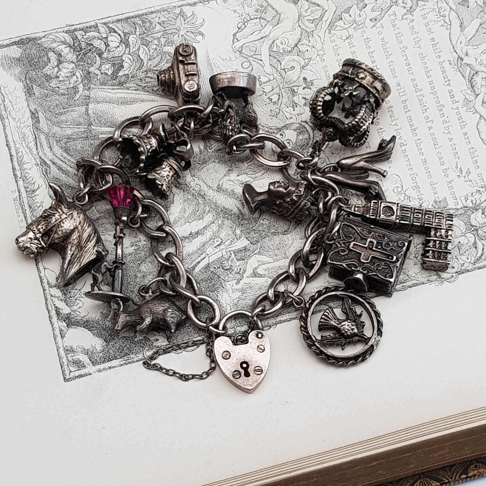 Sterling Silver Curb Link Charm Bracelet With x12 Charms Vintage Birmingham circa 1975