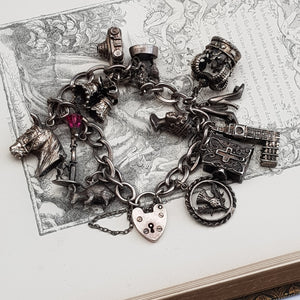 Sterling Silver Curb Link Charm Bracelet With x12 Charms Vintage Birmingham circa 1975