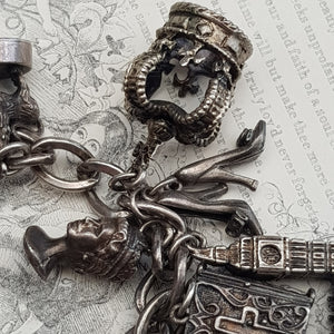 Sterling Silver Curb Link Charm Bracelet With x12 Charms Vintage Birmingham circa 1975