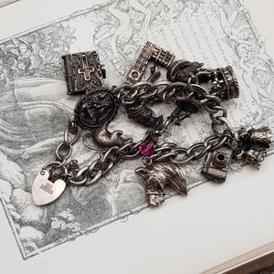 Sterling Silver Curb Link Charm Bracelet With x12 Charms Vintage Birmingham circa 1975