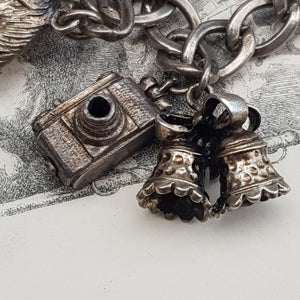 Sterling Silver Curb Link Charm Bracelet With x12 Charms Vintage Birmingham circa 1975