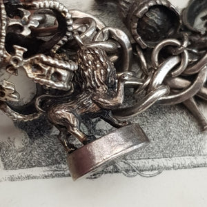 Sterling Silver Curb Link Charm Bracelet With x12 Charms Vintage Birmingham circa 1975