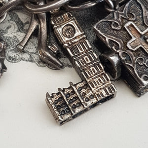 Sterling Silver Curb Link Charm Bracelet With x12 Charms Vintage Birmingham circa 1975