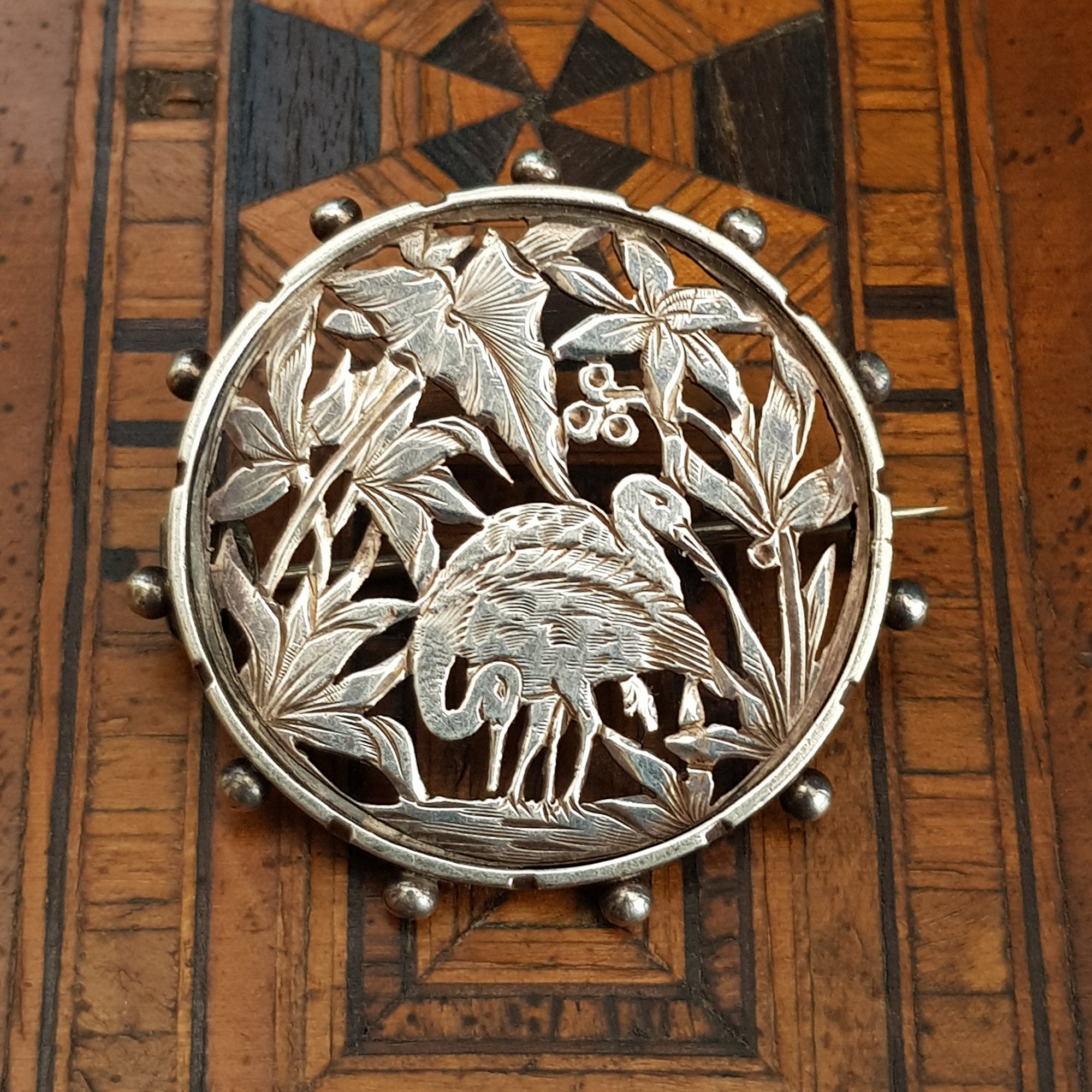 Sterling Silver Aesthetic Movement Brooch Wading Birds Antique Birmingham circa 1904