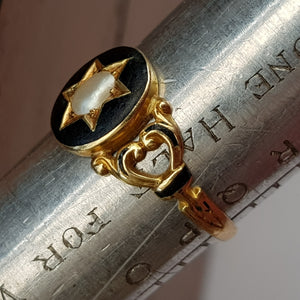 18k Gold Black Enamel Pearl Hair Back Mourning Ring Antique Georgian Circa 1820's