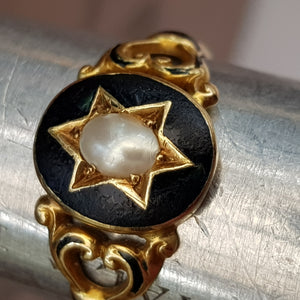18k Gold Black Enamel Pearl Hair Back Mourning Ring Antique Georgian Circa 1820's